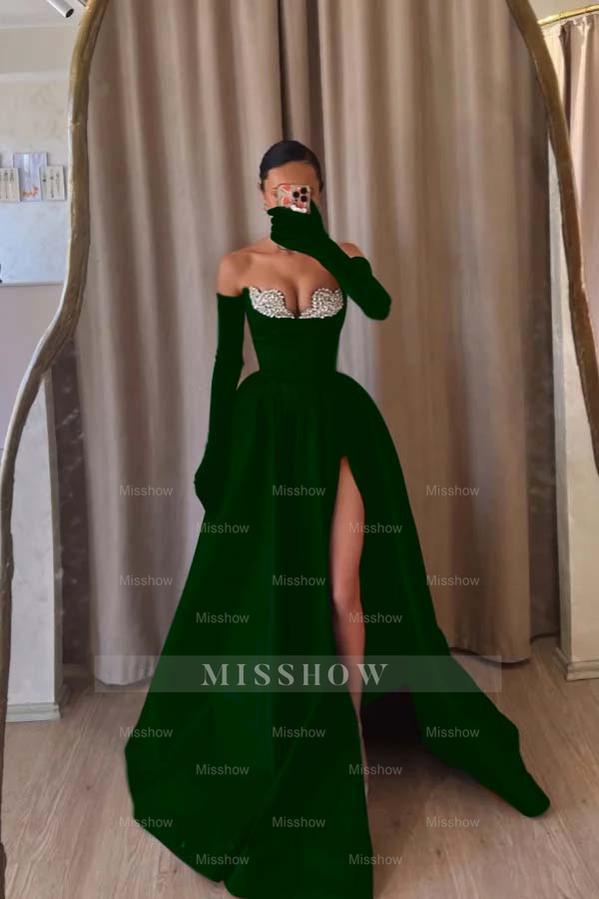 Dark green sweetheart rhinestone A-line evening dress