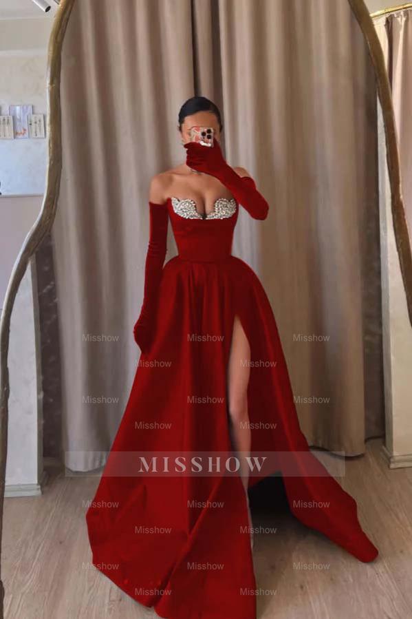 Red sweetheart rhinestone A-line evening dress