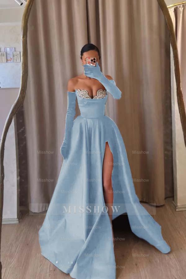 Light blue sweetheart rhinestone A-line evening dress