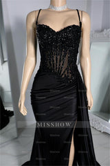 Black Sweetheart Sleeveless Beaded Mermaid Satin Split Floor Length Formal Evening Dress