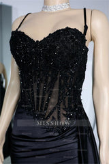 Black Sweetheart Sleeveless Beaded Mermaid Satin Split Floor Length Formal Evening Dress