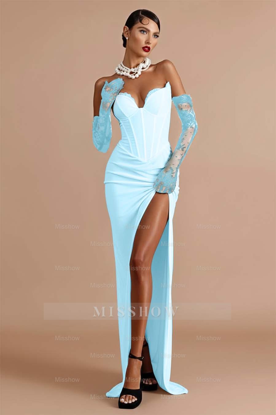 Light blue sweetheart lace bodycon evening dress