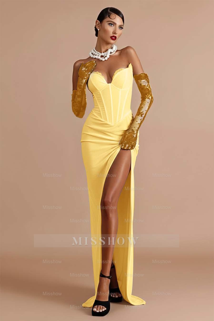 Yellow sweetheart lace bodycon evening dress