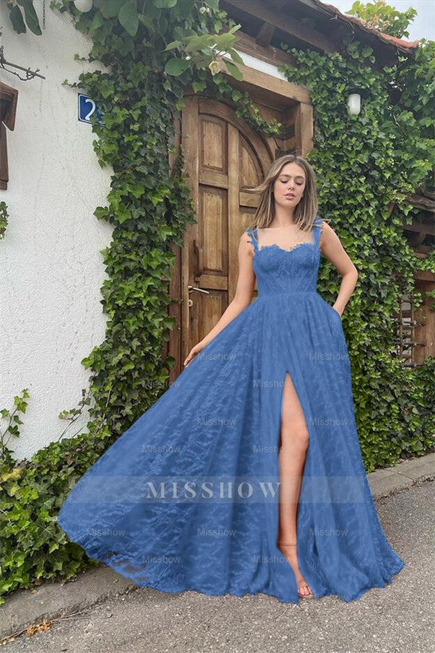 Black Sweetheart Sleeveless Lace Applique A-Line Long Formal Evening Dress With High Slit
