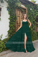 Black Sweetheart Sleeveless Lace Applique A-Line Long Formal Evening Dress With High Slit