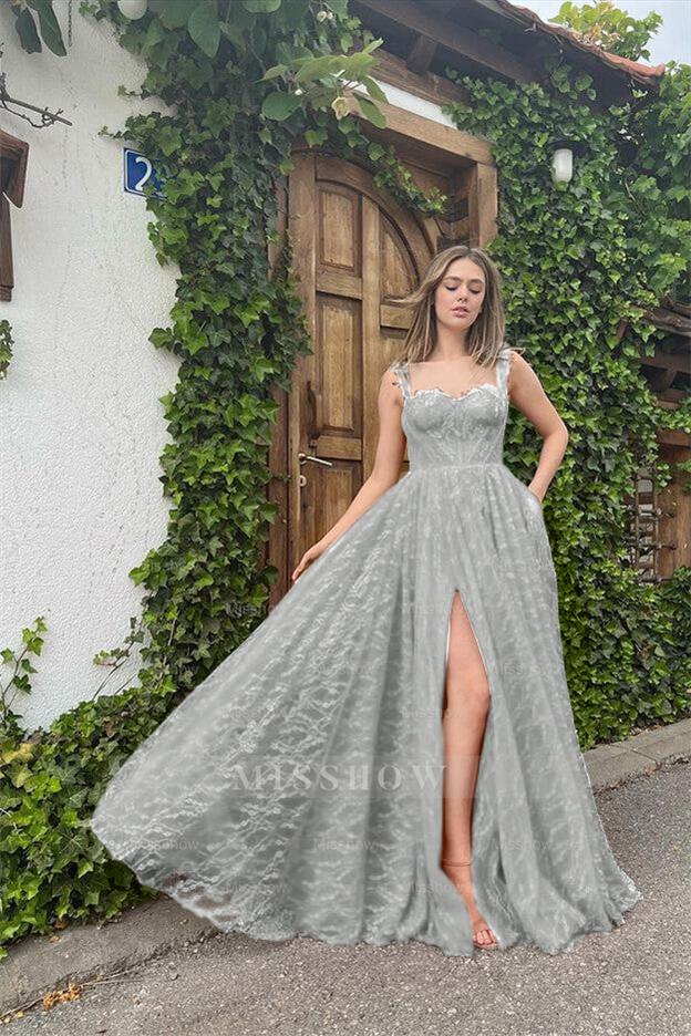 Black Sweetheart Sleeveless Lace Applique A-Line Long Formal Evening Dress With High Slit