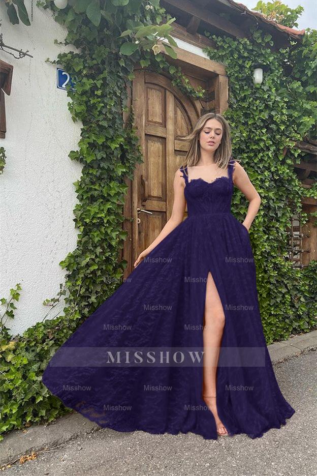 Black Sweetheart Sleeveless Lace Applique A-Line Long Formal Evening Dress With High Slit