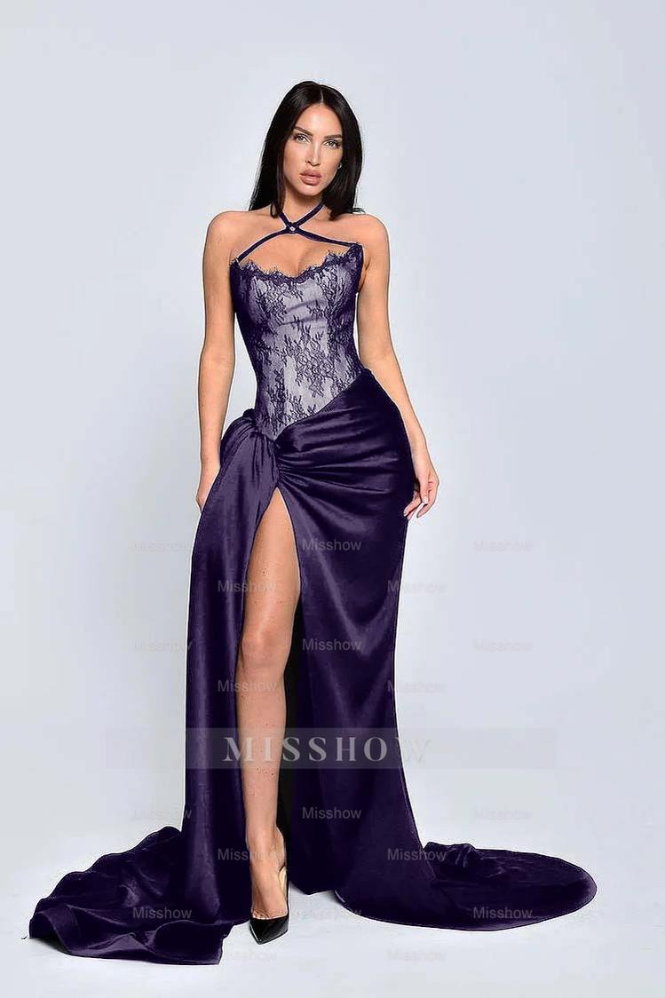Black Sweetheart Sleeveless Lace Appliques Mermaid Satin Floor Length Formal Evening Gown