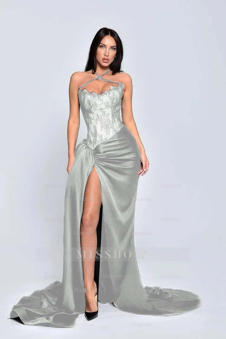 Black Sweetheart Sleeveless Lace Appliques Mermaid Satin Floor Length Formal Evening Gown