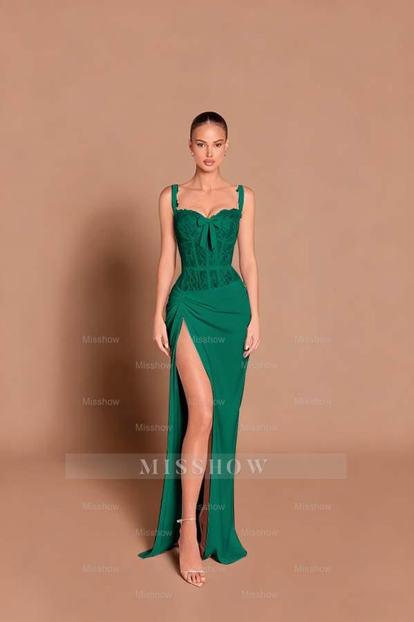 Black Sweetheart Sleeveless Lace Corset Mermaid Satin Pleated Floor Formal Evening Gown