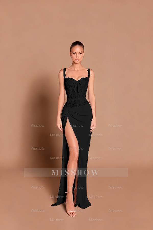 Black Sweetheart Sleeveless Lace Corset Mermaid Satin Pleated Floor Formal Evening Gown