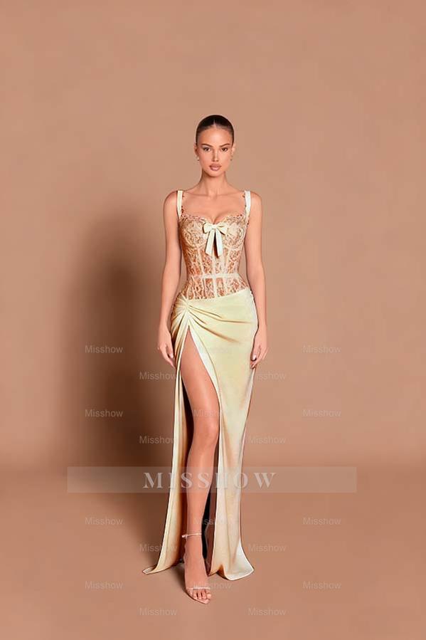 Black Sweetheart Sleeveless Lace Corset Mermaid Satin Pleated Floor Formal Evening Gown