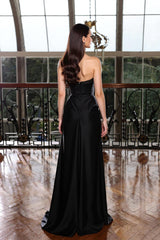 Black Sweetheart Sleeveless Mermaid Satin Beaded High Slit Floor Length Evening Gown