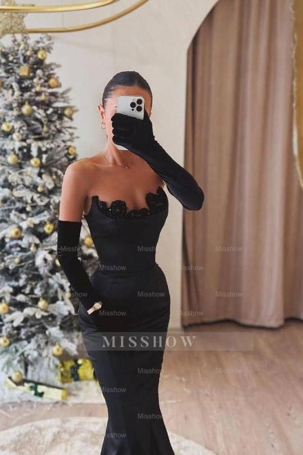 Black Sweetheart Sleeveless Mermaid Satin Lace Trim Floor Length Formal Evening Dress