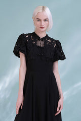 Black Tea Length Chiffon Lace Dress with Puff Sleeves