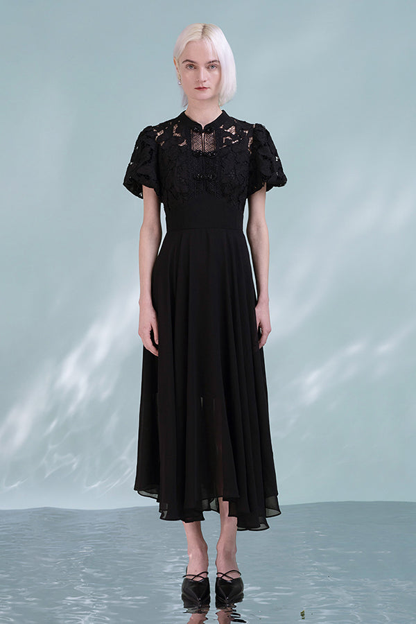 Black Tea Length Chiffon Lace Dress with Puff Sleeves