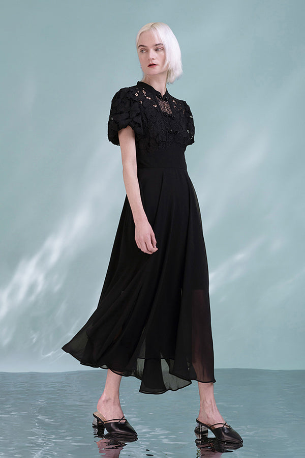 Black Tea Length Chiffon Lace Dress with Puff Sleeves