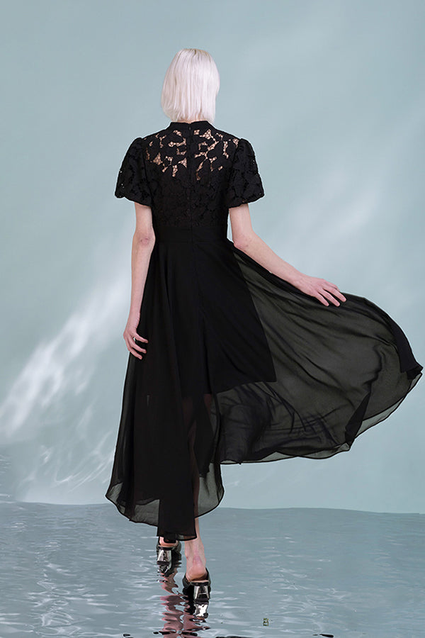 Black Tea Length Chiffon Lace Dress with Puff Sleeves