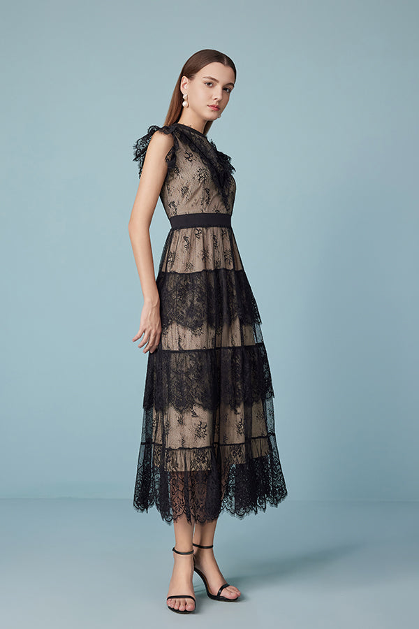 Black Tea Length Lace Cake Dress with Flutter Sleeves