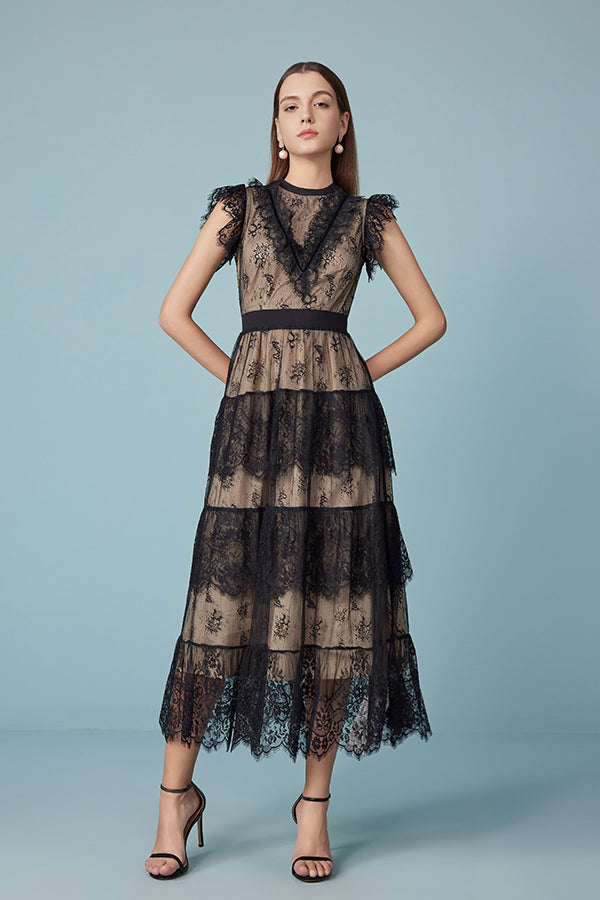 Black Tea Length Lace Cake Dress with Flutter Sleeves