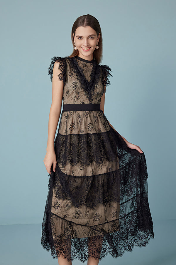 Black Tea Length Lace Cake Dress with Flutter Sleeves