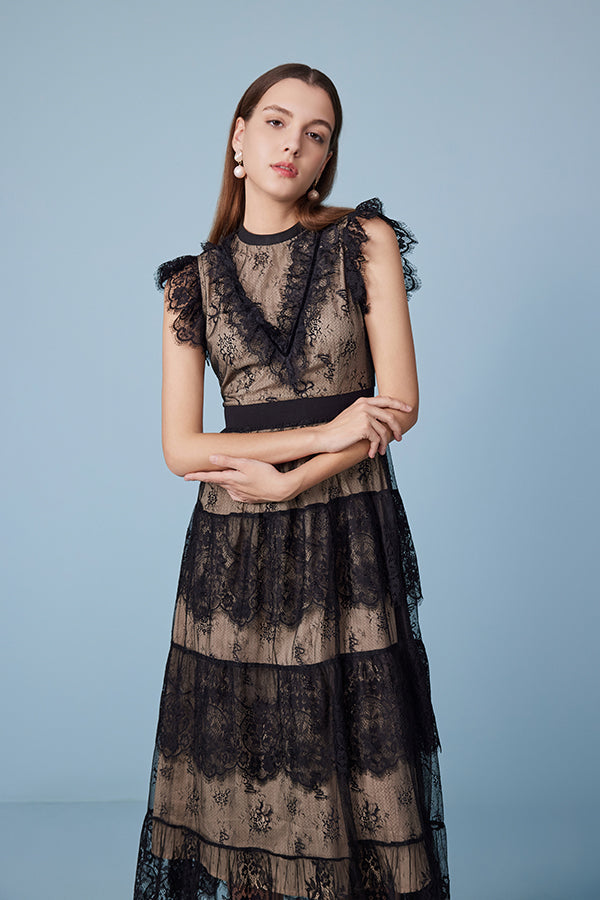 Black Tea Length Lace Cake Dress with Flutter Sleeves