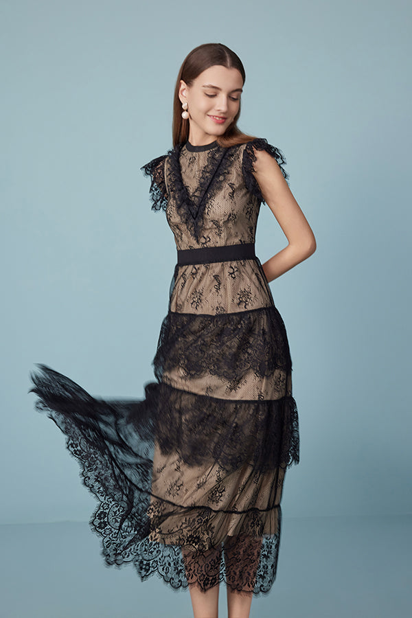 Black Tea Length Lace Cake Dress with Flutter Sleeves