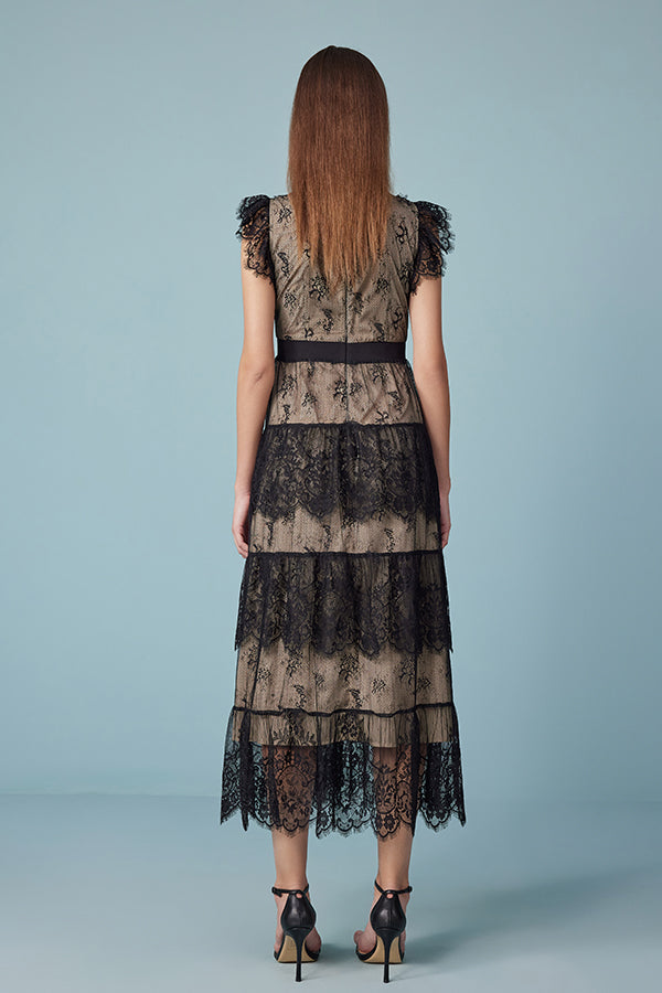 Black Tea Length Lace Cake Dress with Flutter Sleeves