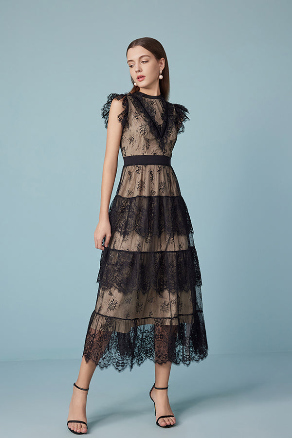 Black Tea Length Lace Cake Dress with Flutter Sleeves
