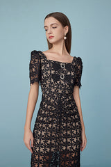 Black Tea Length Square Neckline Lace Dress with Short Sleeves