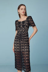 Black Tea Length Square Neckline Lace Dress with Short Sleeves