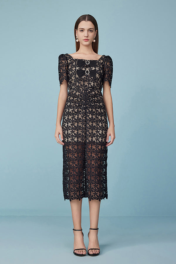 Black Tea Length Square Neckline Lace Dress with Short Sleeves