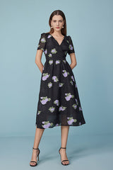 Black Tea Length V-neck Printed Dress with Puff Sleeves