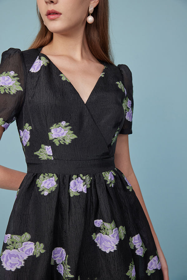 Black Tea Length V-neck Printed Dress with Puff Sleeves