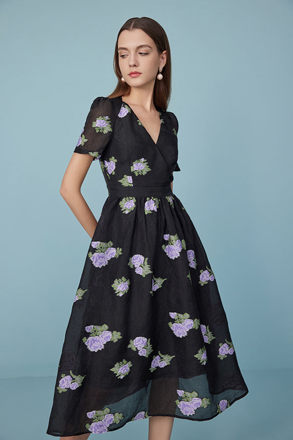 Black Tea Length V-neck Printed Dress with Puff Sleeves