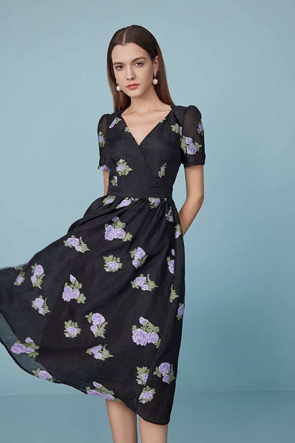 Black Tea Length V-neck Printed Dress with Puff Sleeves