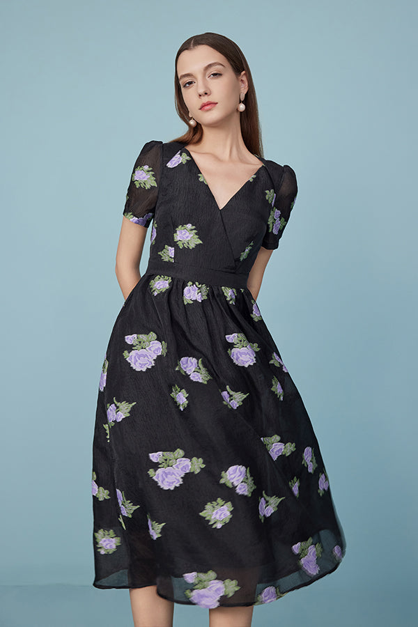Black Tea Length V-neck Printed Dress with Puff Sleeves