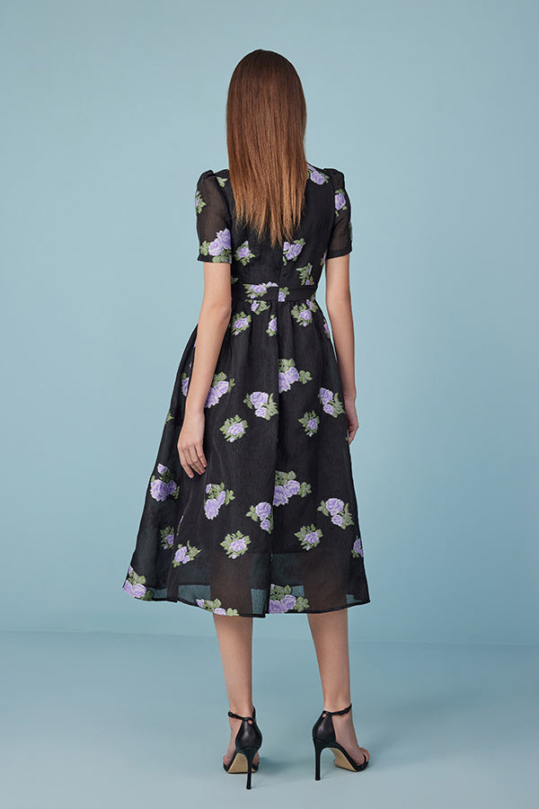 Black Tea Length V-neck Printed Dress with Puff Sleeves