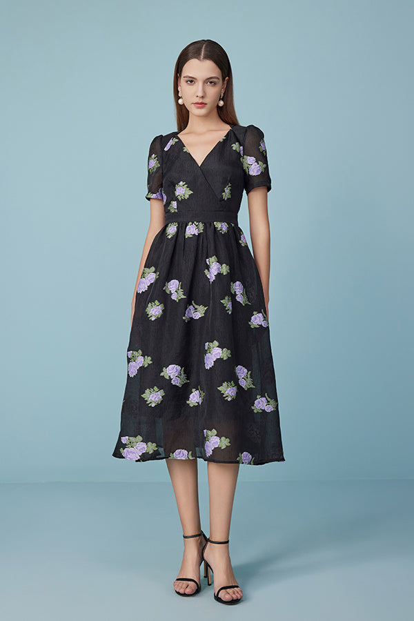 Black Tea Length V-neck Printed Dress with Puff Sleeves