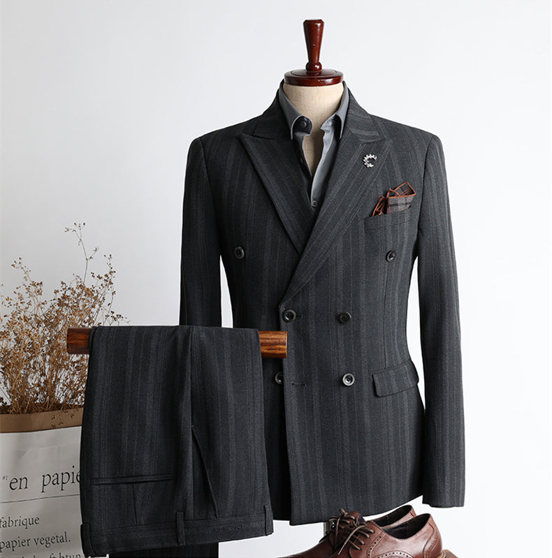 Black Trendy Double Breasted Striped Two-Piece Men’s Business Suits