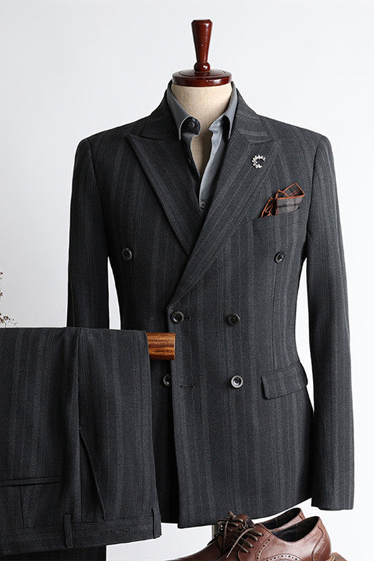 Black Trendy Double Breasted Striped Two-Piece Men’s Business Suits