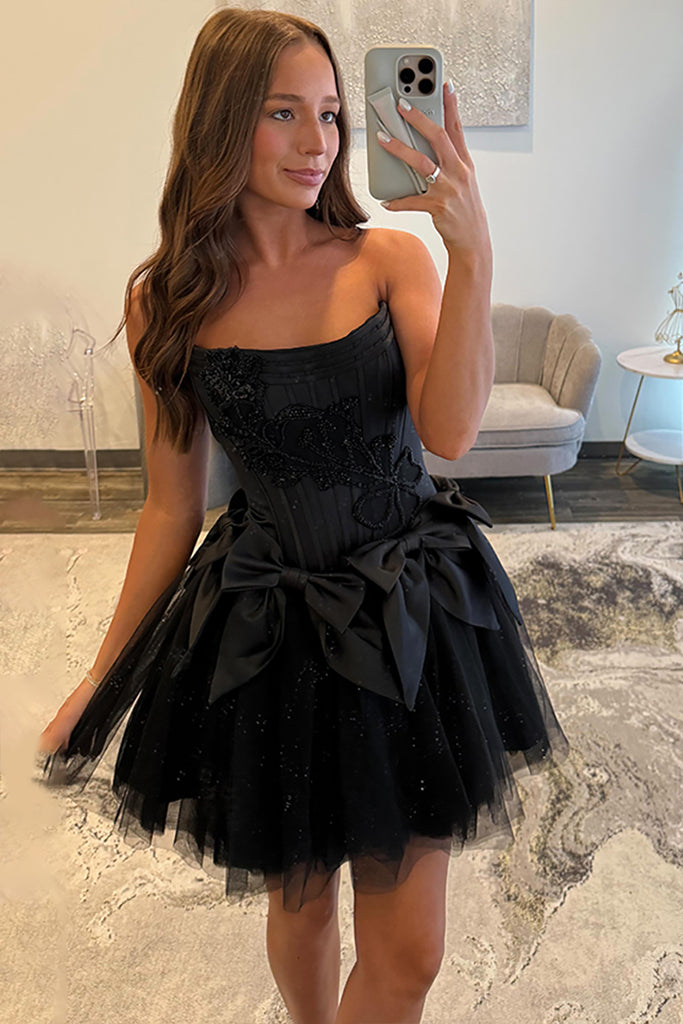 black corset homecoming dress Black Tulle Strapless A Line Short Corset Homecoming Dress with Bows