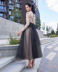 Black Tulle Tea Length A-Line Formal Dress Lace Long Sleeve Butterfly Appliques Rhinestone Illusion High Neck