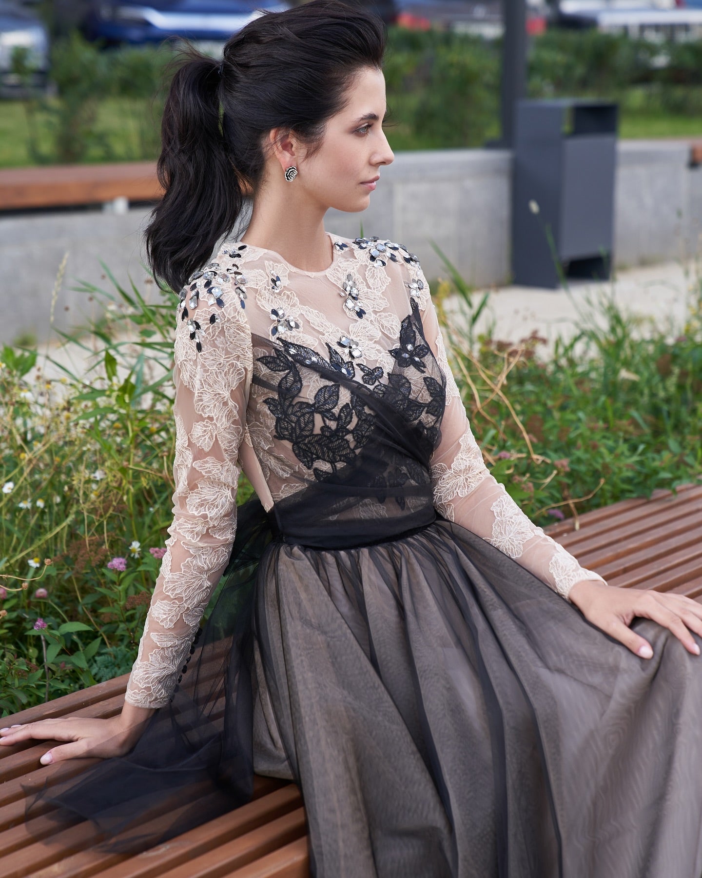 Black Tulle Tea Length A-Line Formal Dress Lace Long Sleeve Butterfly Appliques Rhinestone Illusion High Neck