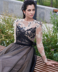 Black Tulle Tea Length A-Line Formal Dress Lace Long Sleeve Butterfly Appliques Rhinestone Illusion High Neck