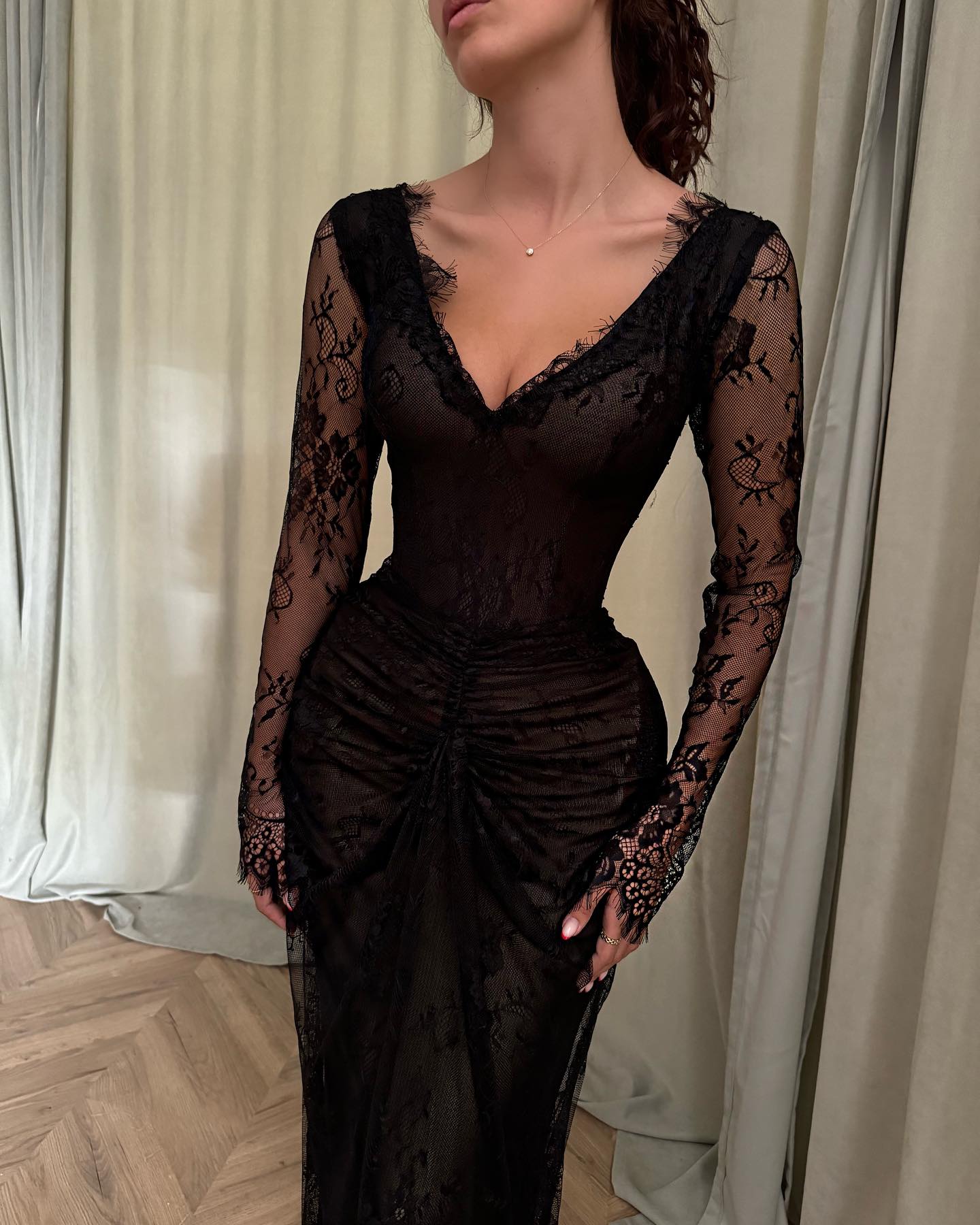 Black Lace Long Sleeve Formal Dress Deep V-Neck Ruched Waist Open Back Floor Length Sheath Gown