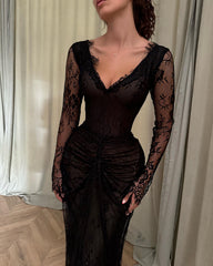 Black Lace Long Sleeve Formal Dress Deep V-Neck Ruched Waist Open Back Floor Length Sheath Gown