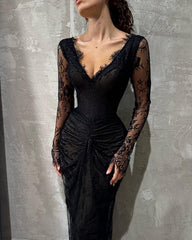 Black Lace Long Sleeve Formal Dress Deep V-Neck Ruched Waist Open Back Floor Length Sheath Gown