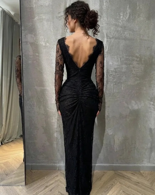 Black Lace Long Sleeve Formal Dress Deep V-Neck Ruched Waist Open Back Floor Length Sheath Gown