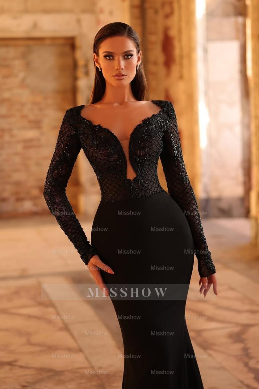 Black V-Neck Long Sleeve Mermaid Lace Applique Pleated Floor Length Formal Evening Gown